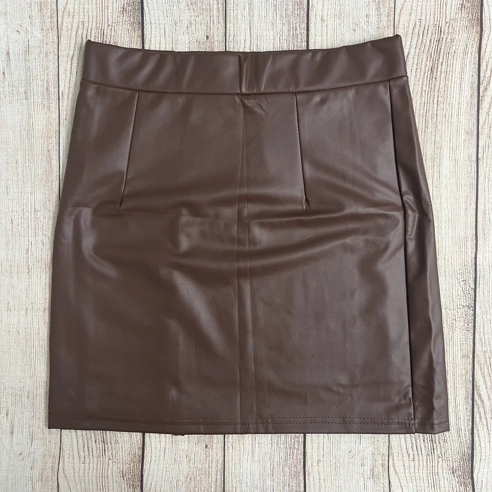 Sexy Brown Faux Leather Mini Skirt Side Thigh Slit High Waist Bodycon Size Small